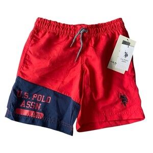 New U.S. Polo Assn. Boys Red Swim Shorts Trunks Pockets Sz 6-7  SMALL   (U10)